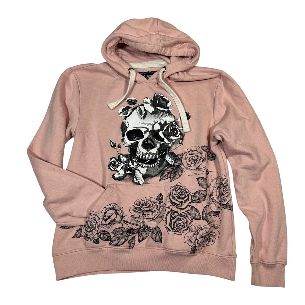 Blind Rooster Pink Skull Roses Hoodie Good Vibes Graphic Sweatshirt Women Medium